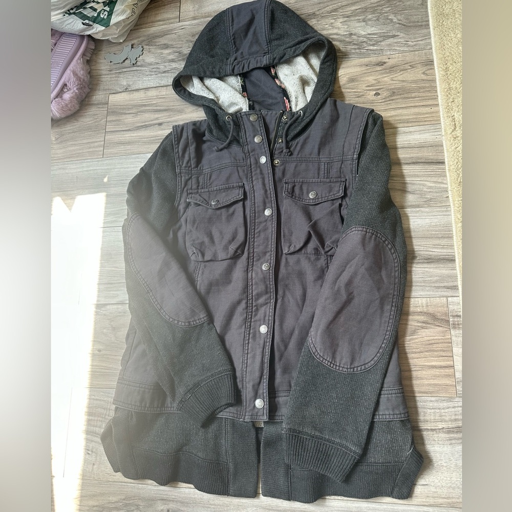 Free People Black Hooded Mixed Media Layered Slub Utility Jacket Size Small